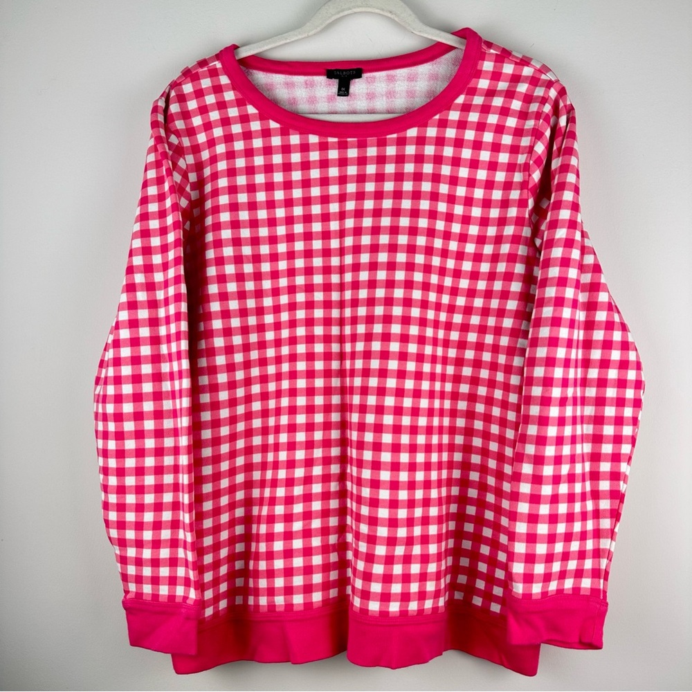 Talbots Pink and White Gingham Crew Neck Sweatshirt 1X Plus Size Preppy Cozy